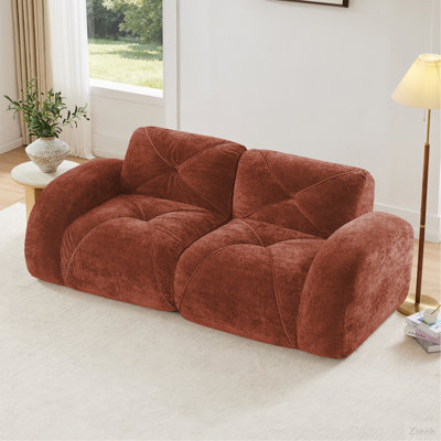 Canapés capitonnés à 2 places avec canapé sans os, tissu en velours doux, conception antidérapante inférieure, éponge haute densité 32D, conception ergonomique inférieure, aucun assemblage requis, convient aux salons, brun rouge