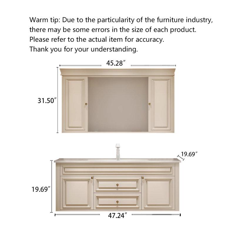 Meuble-lavabo en bois d'hévéa français avec lavabo en céramique et miroir