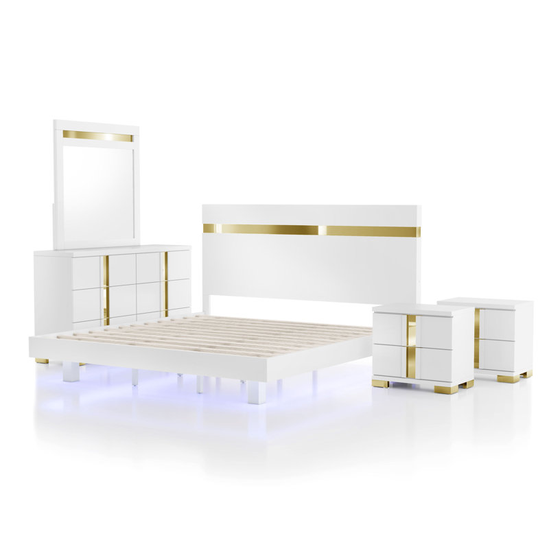 Ensemble de chambre avec lit plateforme 5 pièces Clemson, Blanc, Double, Cinq pièces : Lit, 2 tables de chevet, commode, m