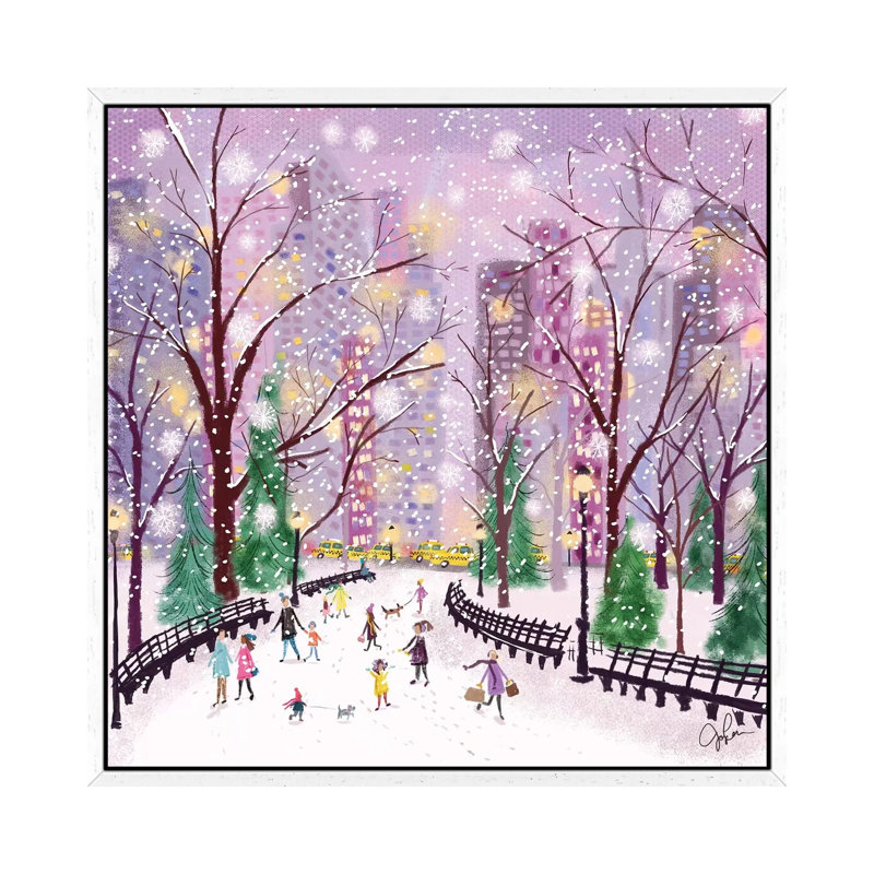 Snowy Night by Joy Laforme - Painting on Canvas, 66.04cm H x 66.04cm W x 3.81cm D, White Framed
