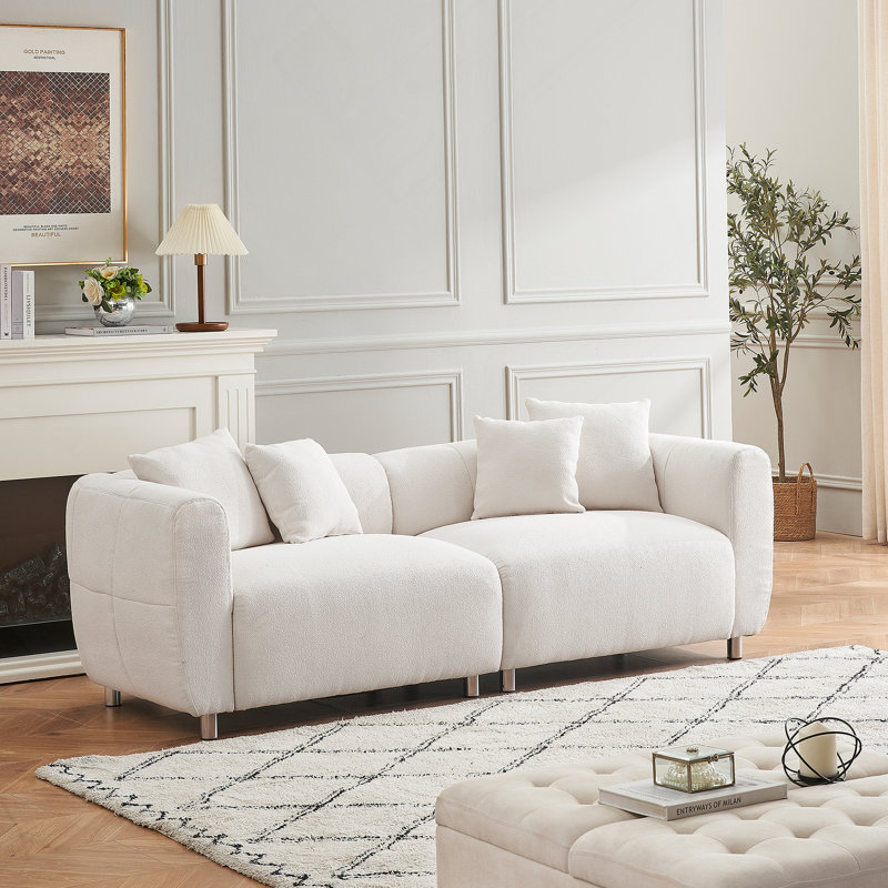 Canapé à accoudoirs carrés de 88,98 po Olimpiu, Coton et lin beige, velours en peluche