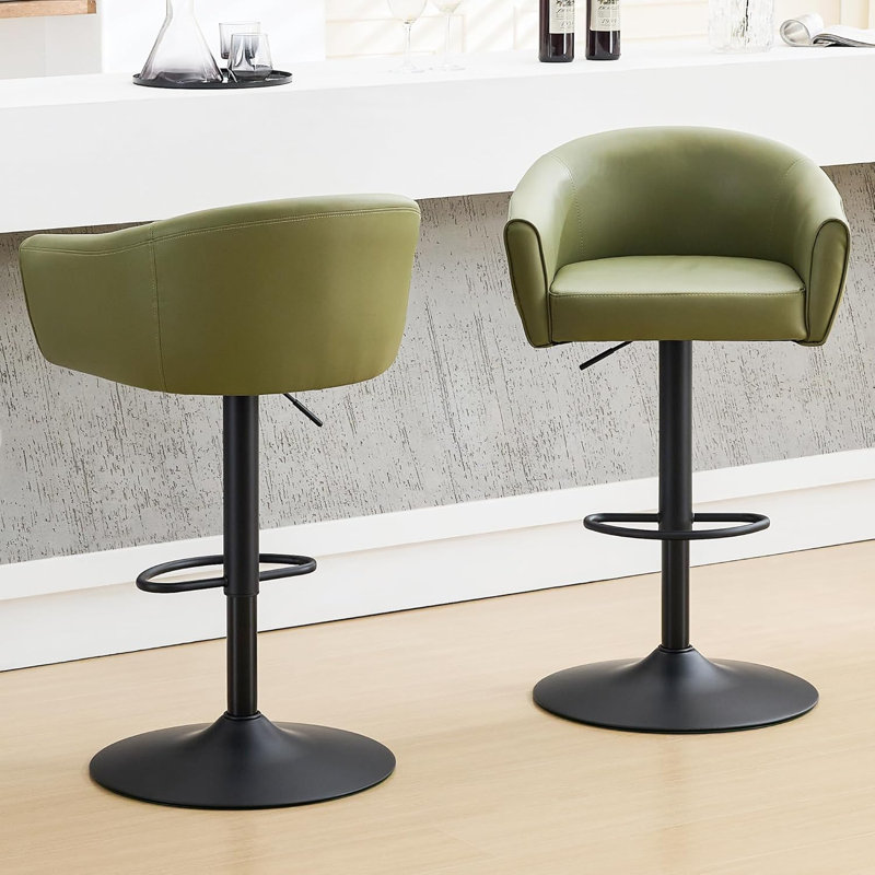 Swivel Adjustable Height Bar Stools with Back & Arms, Upholstered Counter Height Barstools, Green, 2