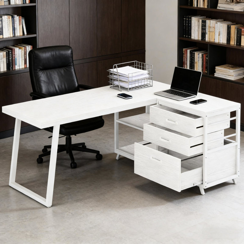 Bureau d'écriture blanc multifonctionnel en forme de L pour diverses tâches pouvant servir de table d'ordinateur, 2 petits tiroirs d'étude, 1 grand tiroir, des tablettes ouvertes pour écrire, jouer et étudier