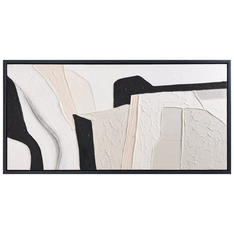 Monochrome Abstract Black and White Textured Canvas Painting, 24" x 48"