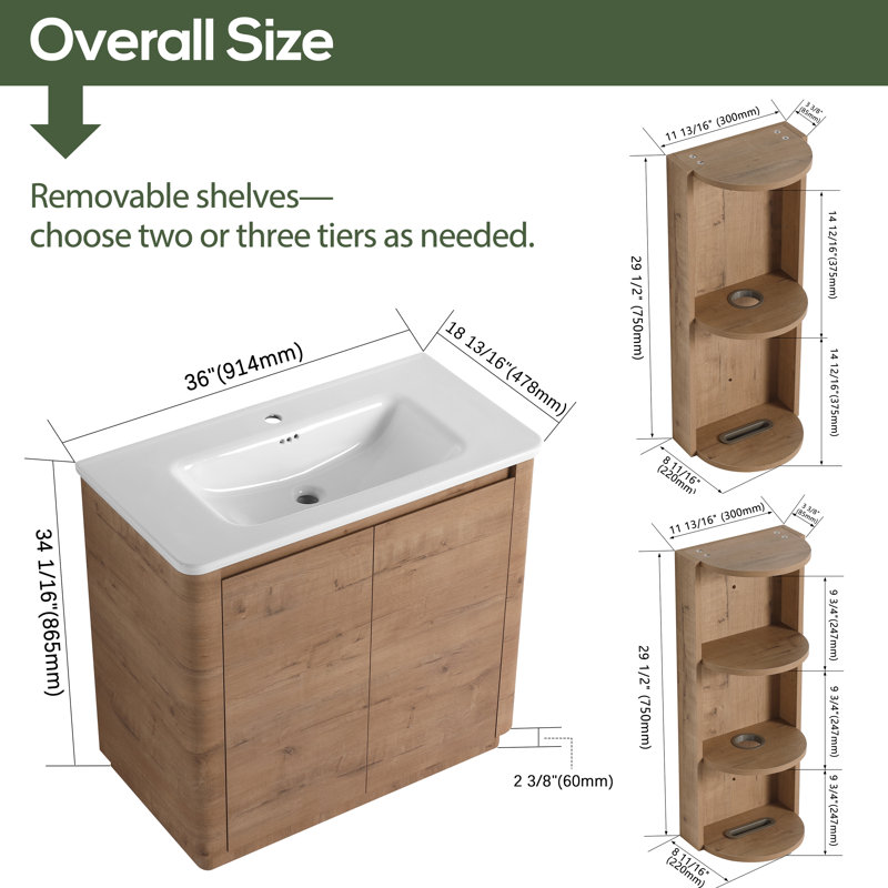 Meuble-lavabo simple 36 po avec plateau en céramique et support de rangement flottant, 36"