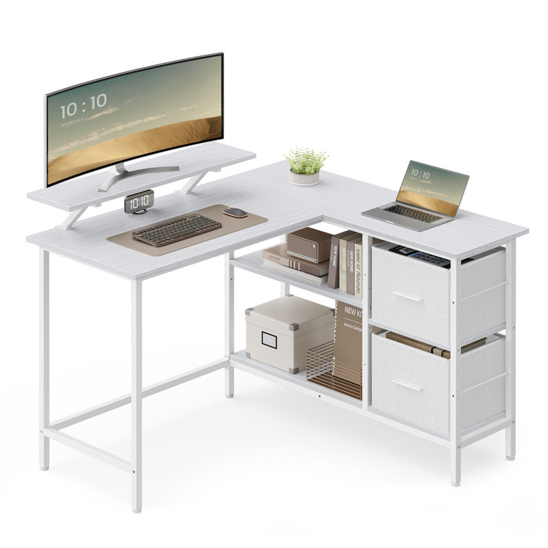 Aliyanah L-Shaped Metal Base Computer Desk, 89.5cm H x 115cm W x 105cm D, White