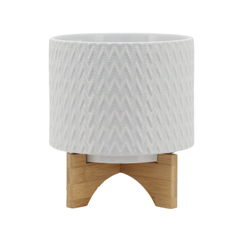 8" CHEVRON PLANTER W/ STAND, WHITE, 10" H x 8" W x 8" D