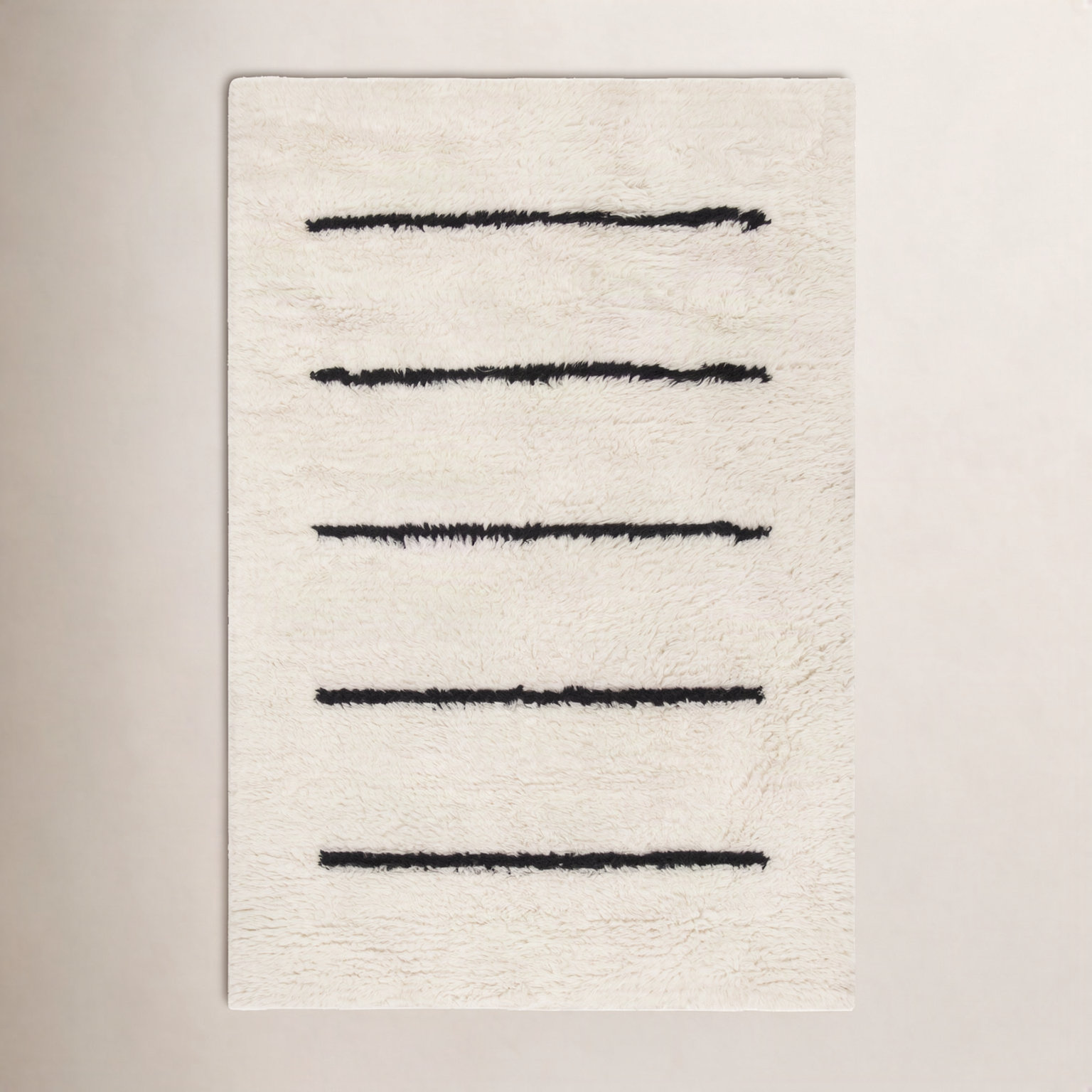 Mayer Ivory Black Hand-Knotted Striped Wool Rug, Rectangle 5' x 8'