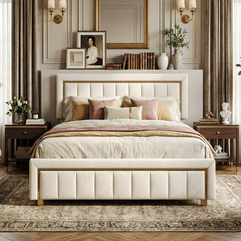 UK & EU Velvet Ottoman Bed with Fluted Gold-Trim Headboard, Luxury Gas-Lift Storage Bed, Beige/Black, Double (4'6), Beige