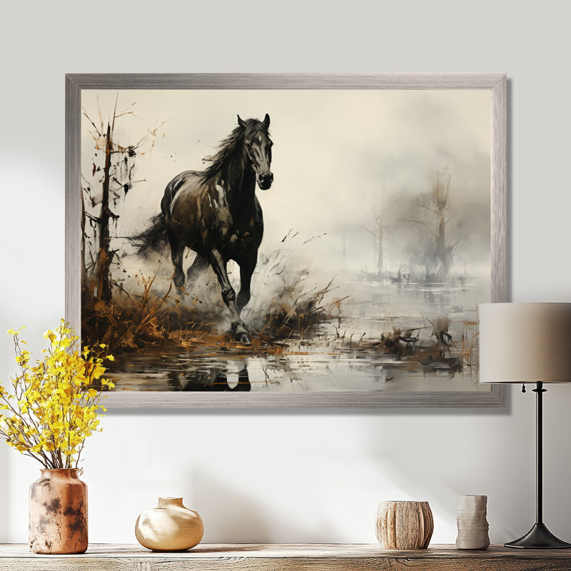 «Grey Horse Misty Morning Canter II», art mural cheval, H 24 po x l 32 po x P 1 po, Cadre simple argenté