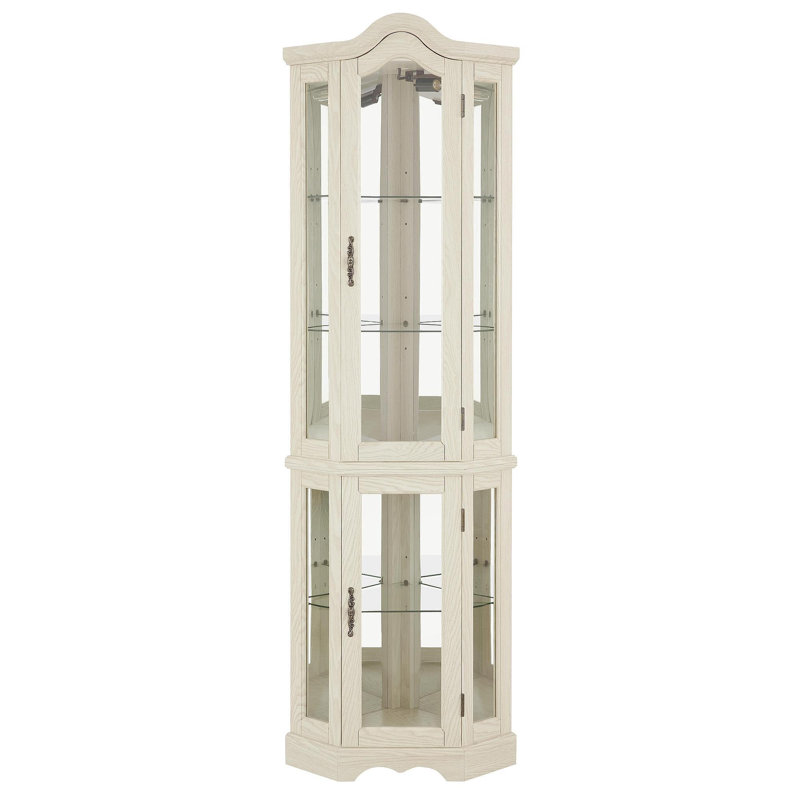 Curio Cabinet Lighted Glass Display Curio Cabinet W/Tempered Glass Doors And Shelves, Crown Corner Cabinet With Bulb, Corner Storage Decoration For Living Room And Bedroom WHI