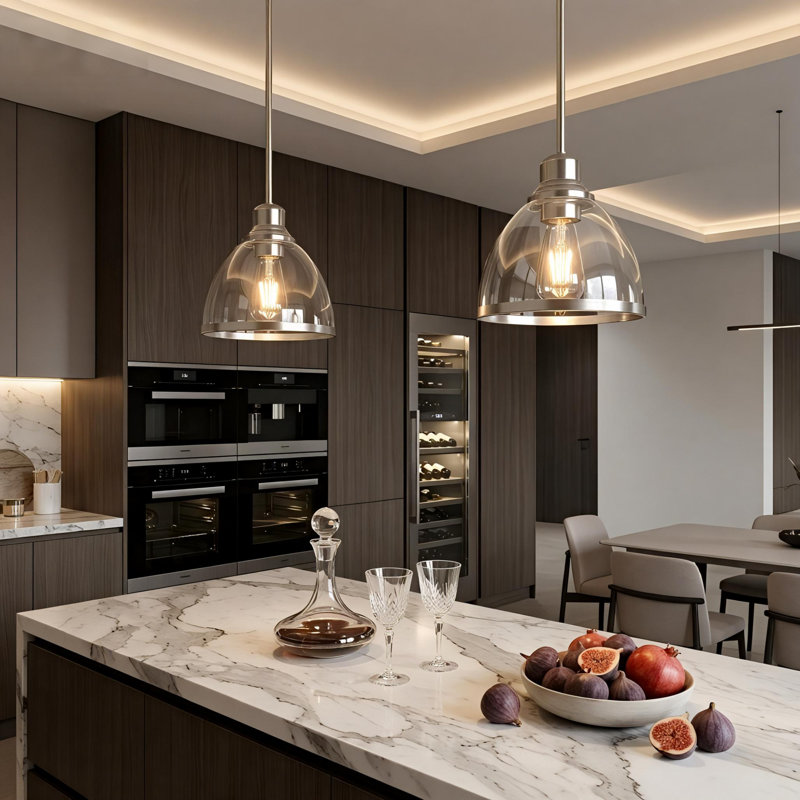 Suspension de 8 pouces à 1 lumière, fini nickel brossé mat, abat-jour en verre transparent, petit luminaire de style campagnard pour îlot de cuisine, culot E26