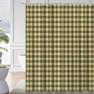 Buffalo Check Plaid Faded Green Autumn Shower Curtain with 12 Hooks