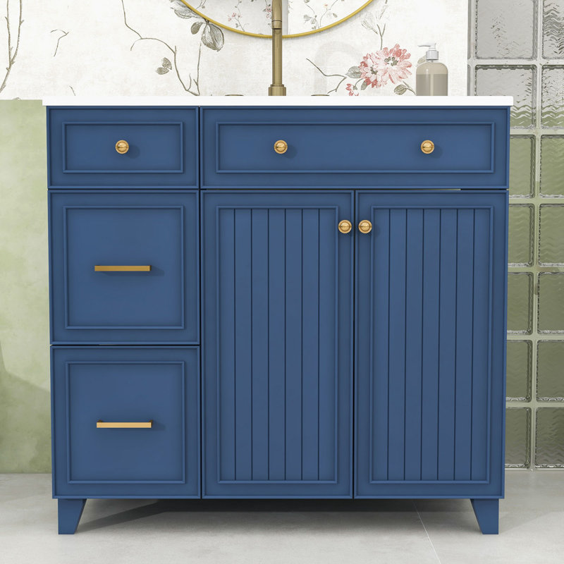 36" 2 Drawers Bathroom Vanity with Ceramic Sink and Adjustable Shelf, Navy Blue