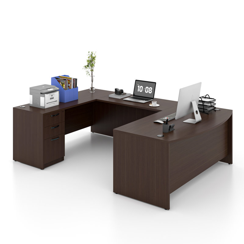 U-Shaped Executive Desk With File Cabinet, Brown