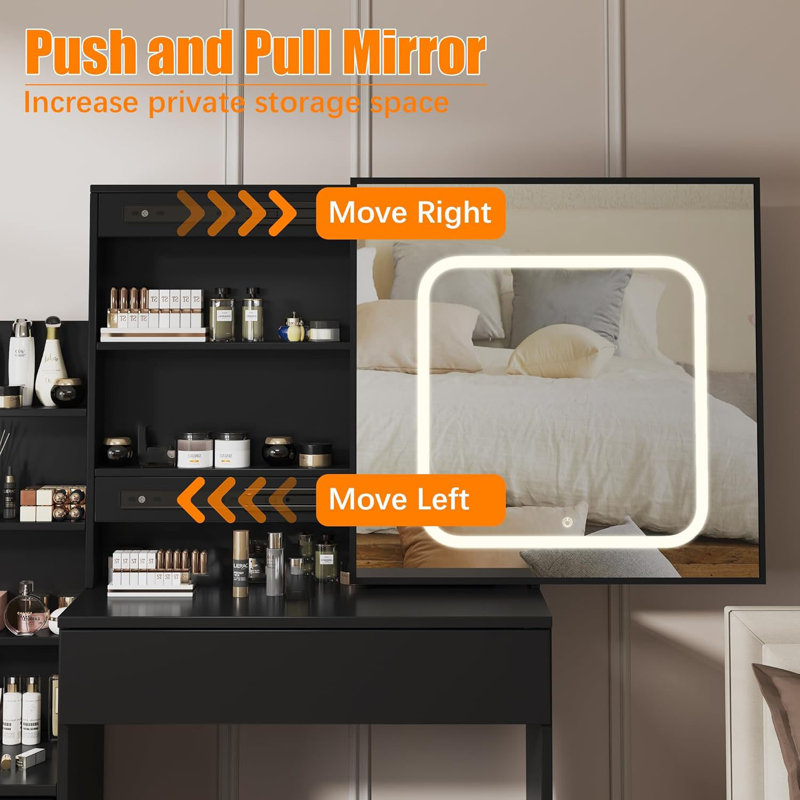 Vanity Desk with Mirror and LED Lights, Makeup Vanity Desk with Sliding Lighted Mirror, Dressing Table Set with Stool & 4 Drawers, Storage Shelves