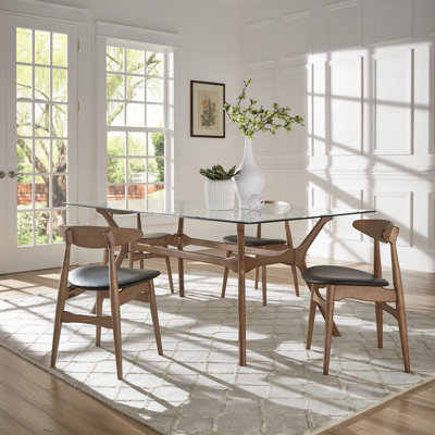 Arne Mid-Century 72" Glass Top Walnut Finish Rectangular Table Dining Set with Black Faux Leather Chairs