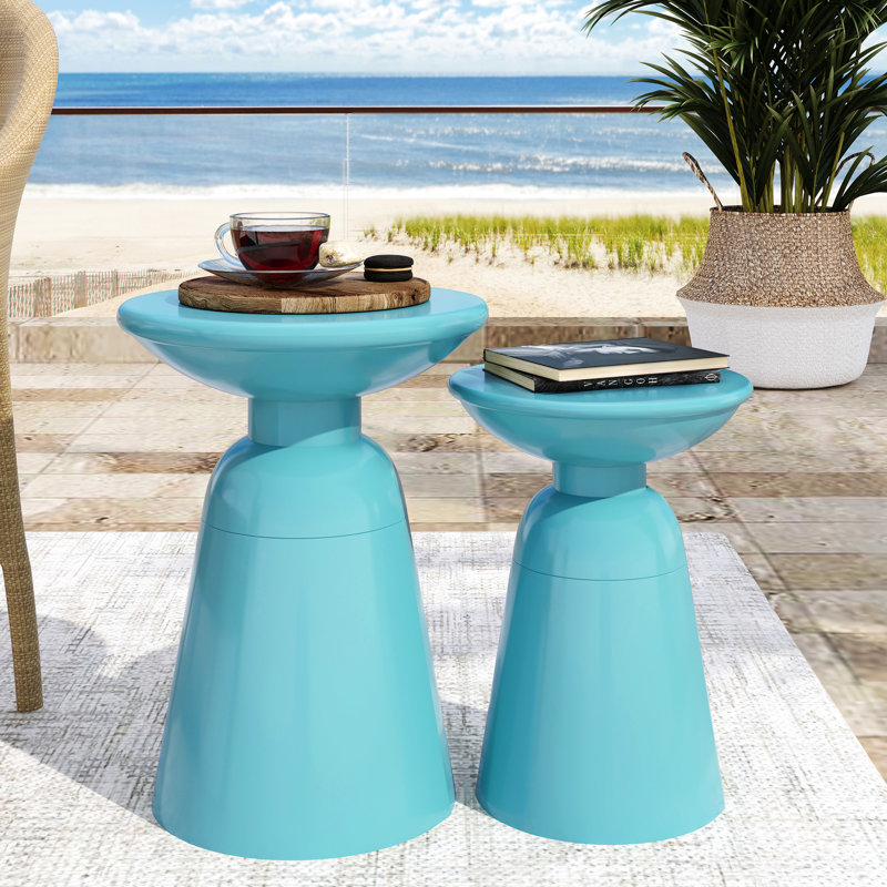 Modern Iron Side Table In Teal, Pedestal Construction, 15"X15"X20.81" & 12"X12"X17.25", For Outdoor And Beach House Structure, Indoor Decorations
