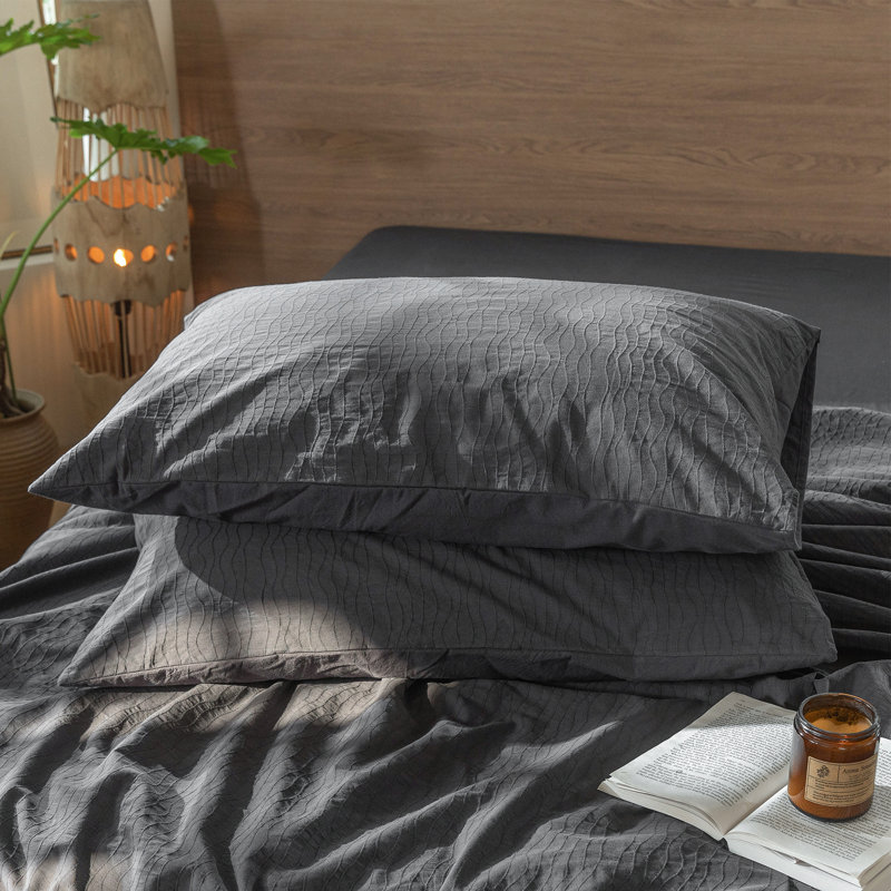 MooMee Wavy Striped Duvet Cover Set 100% Washed Cotton Linen Like Textured Breathable Lightweight, Chocolate Gray