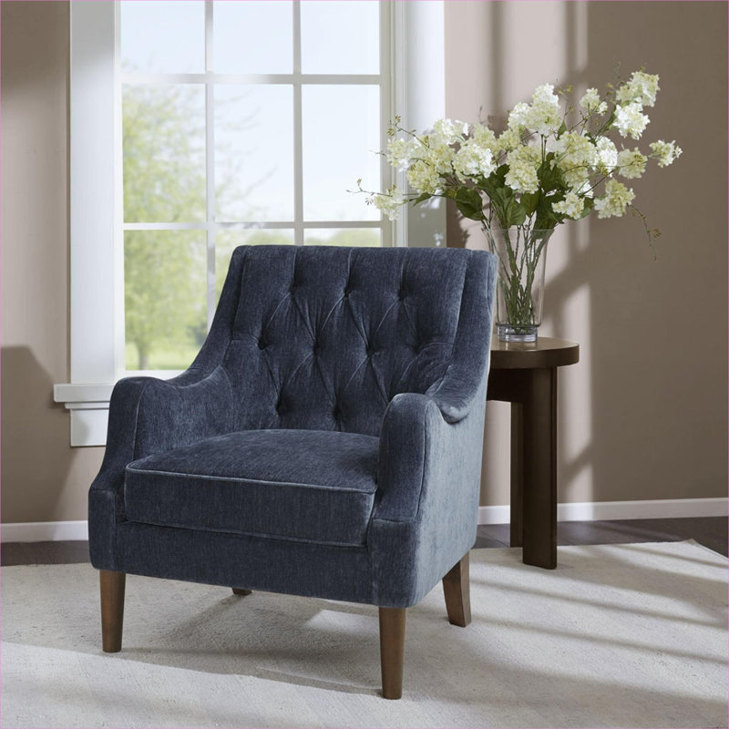 Fauteuil d'appoint rembourré en polyester capitonné à boutons bleu foncé pour le salon, Gris