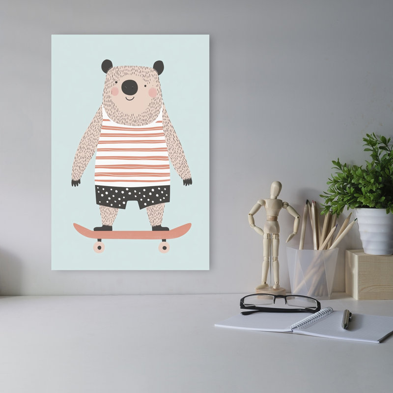 Cute Bear On Skateboard Playful Contemporary Bear Summer Wall Art Print 1 Piece Wrapped Canvas Wall Art
