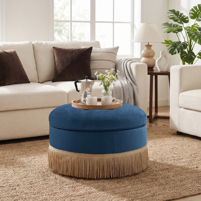 Pouf de rangement rond moderne en velours de 61 cm de large avec dessus en velours capitonné et franges décoratives