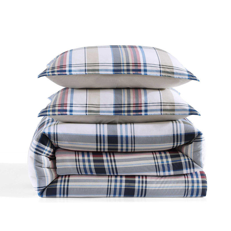 Tommy Hilfiger Waterbury Plaid Cotton Blue Comforter Set, Queen Comforter + 2 Standard Shamps, 3