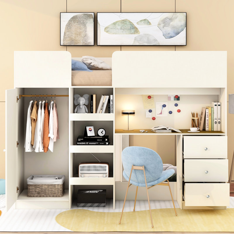 Lit mezzanine en bois beige avec garde-robe, rangement et bureau - Structure respirante, facile à nettoyer