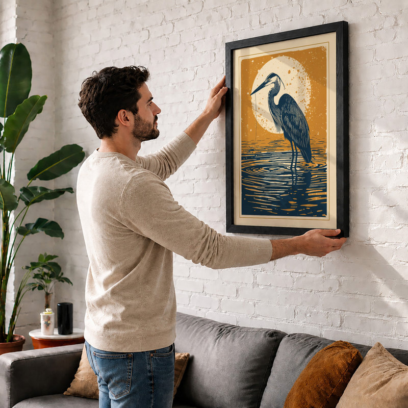 Moonlit Heron Japandi - Framed Print, A4 - 29.7 x 21.0 cm, White