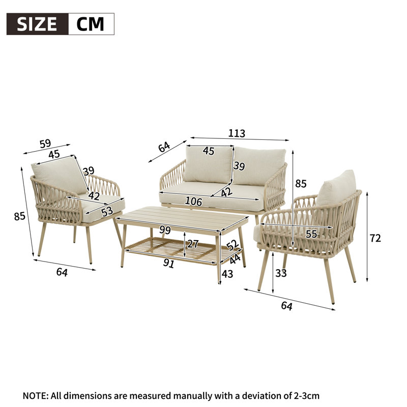 4 Seater Garden Set With Plastic Wood Storage Coffee Table, Polyester Rope Outdoor Set With Sofa & Armchairs, Weatherproof Patio Furniture For Balcony & Terrace, Linen Beige