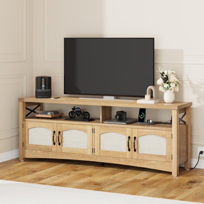  59" Boho LED TV Console Table With Charging Hub & Adjustable Shelves For 65" Tvs