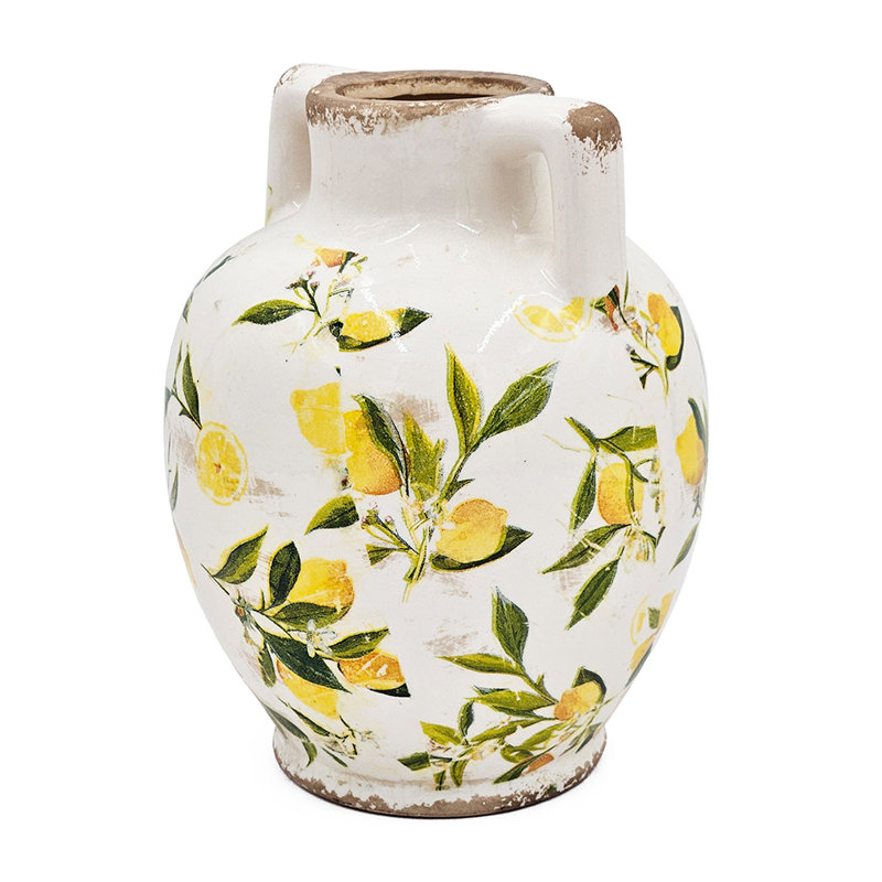 White Ceramic Vase with Yellow Lemon Motif