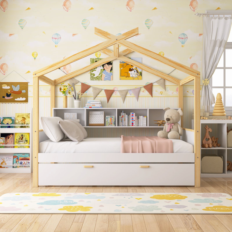 Wooden House Bed With Trundle & Bookshelf Storage For Kids Or Guest Room