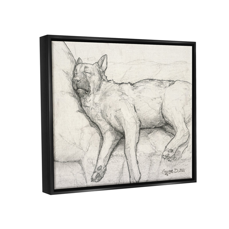«Fatigué d'un chien endormi» par George Dyachenko - reproduction sur toile flottante, Cadre flottant noir de jais
