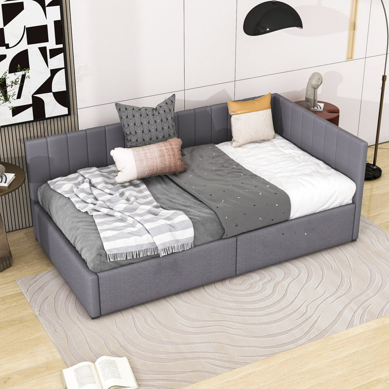Lit de jour simple tapissier 2 tiroirs, gris