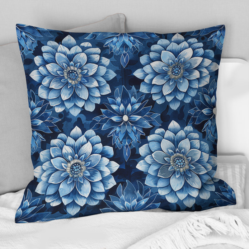 Carreaux floraux bleus et argentés traditionnels - coussin décoratif traditionnel, H 16 po x l 16 po