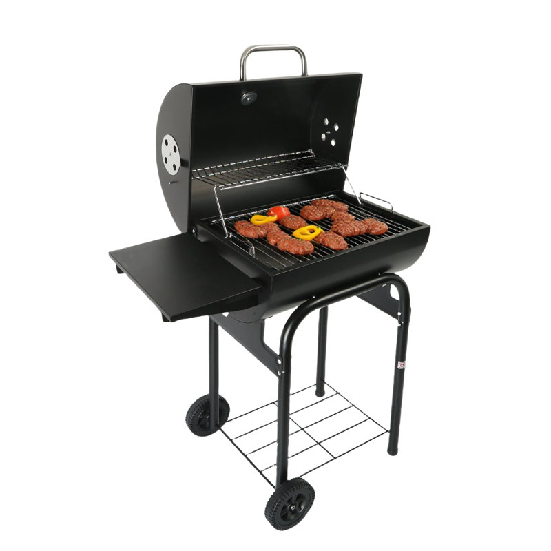 Barbecue au charbon de bois en tonneau avec table d'appoint pliable, barbecue extérieur portatif en acier inoxydable pour la cour arrière, le camping et la fête d'avant-match