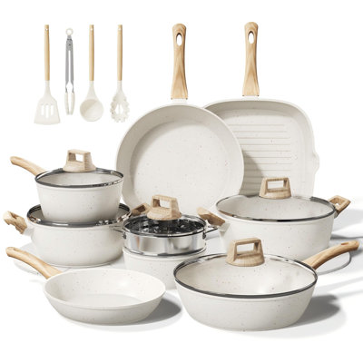 Ensemble de 24 casseroles et poêles en céramique antiadhésive, batterie de cuisine saine non toxique avec grande capacité, compatible avec l'induction, sans PFAS / PTFE / PFOA / PFOS, blanc crème