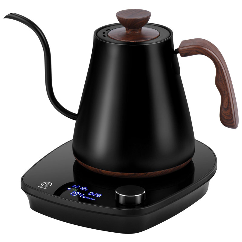 Bouilloire électrique à col de cygne, contrôle intelligent de la température, intérieur en acier inoxydable, chauffage rapide, pour verser sur le café, infuser le thé, faire bouillir l'eau chaude, 1000 W, 0,9 L, noir