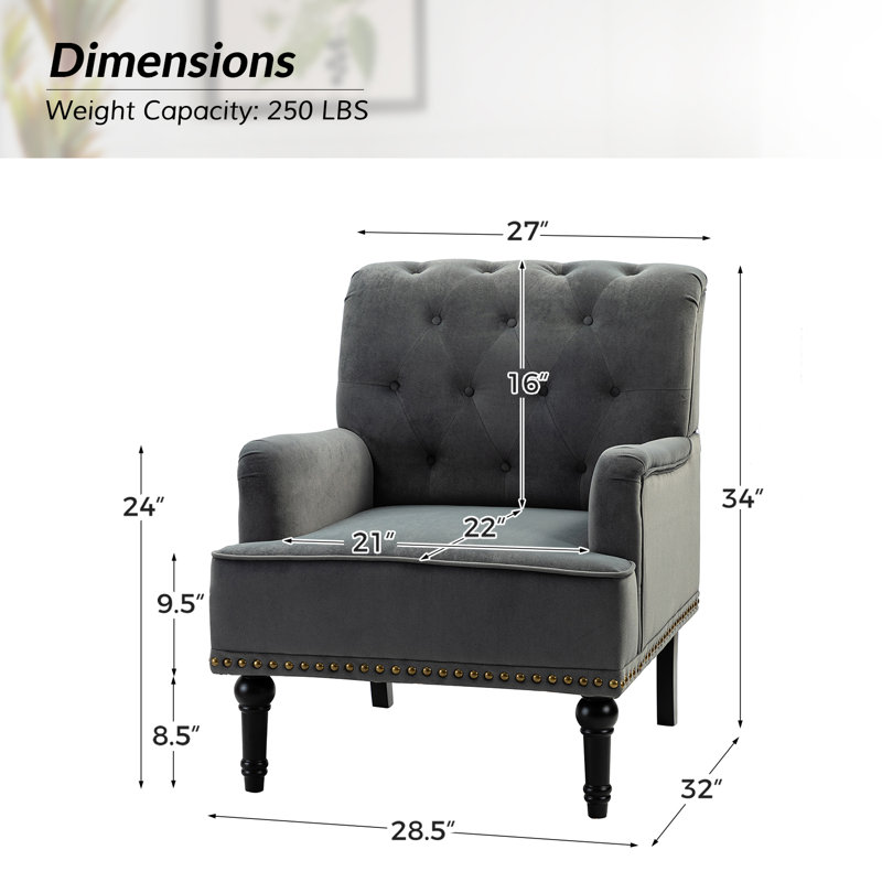 Jakub 28.5" W Velvet Upholstered Tufted Armchair with Nailhead Trim , Gray Velvet