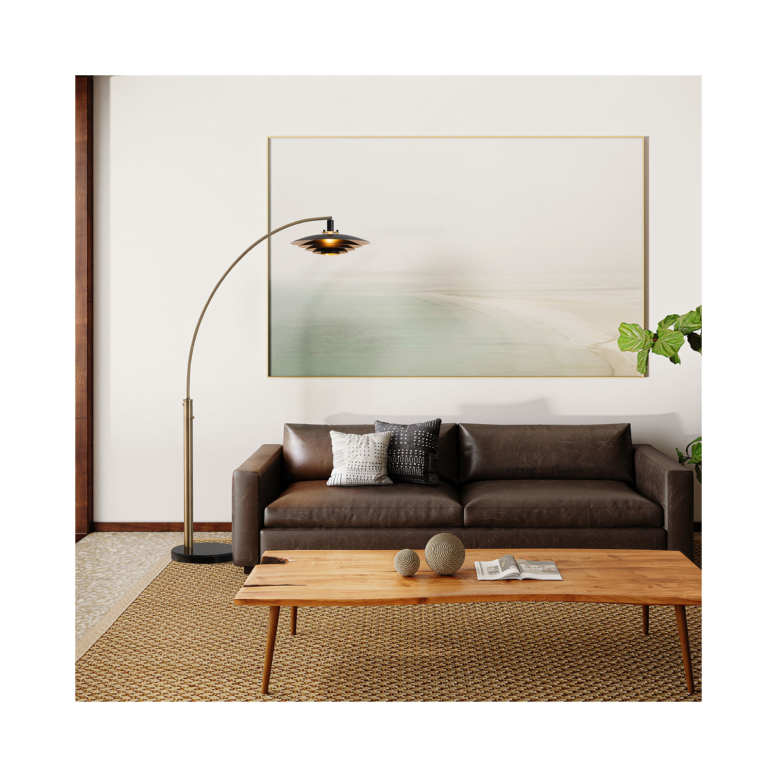 Rancho Mirage 1-Light Mid-Century Modern Arc Floor Lamp – Marble Base, Matte Black Tiered Shade with Hand-Applied Leaf Finish, Dimmer Switch, LED Compatible, Elegant Designer Accent Lighting