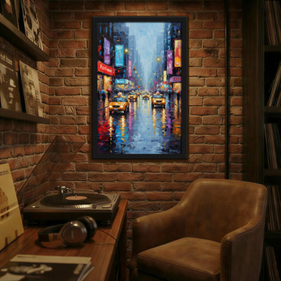 Landscape & Nature Rainy City Street With Yellow Taxis And Neon Signs