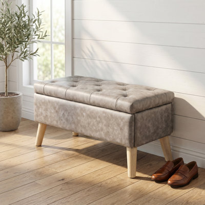 Banc de rangement avec repose-pieds avec plateau intégré et pieds en bois