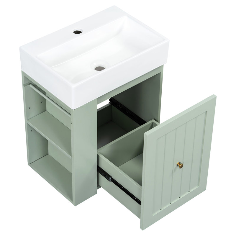 Meuble-lavabo moderne de 20 pouces avec lavabo en céramique, armoire de rangement, tiroir, tablette latérale et poignée dorée pour les petites salles de bain