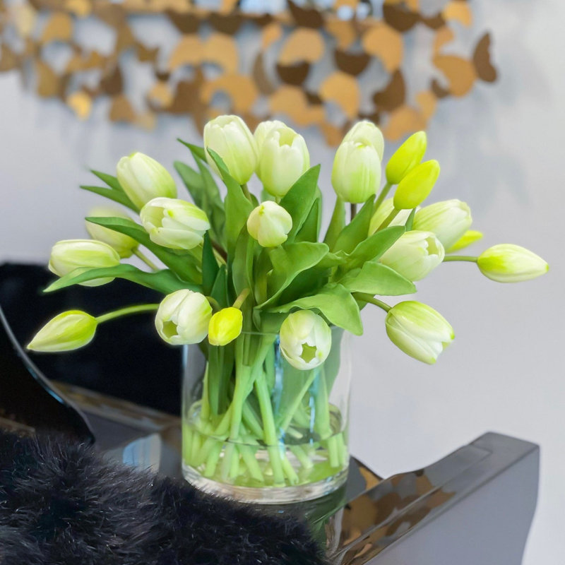 Tulip Arrangement in Vase, White/Ombre Green