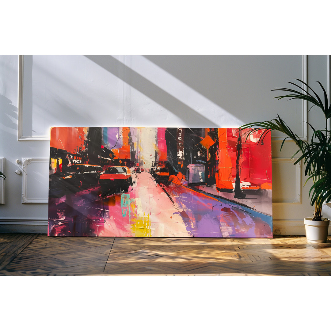 Bilder auf Leinwand 120x60cm Abstrakt Kunstvoll Rot Stadt Straße Autos