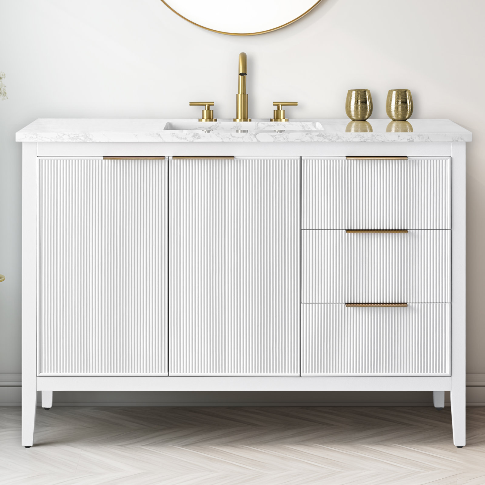 Bilroy 48" Pine Single Bathroom Vanity, White/Brushed Bronze