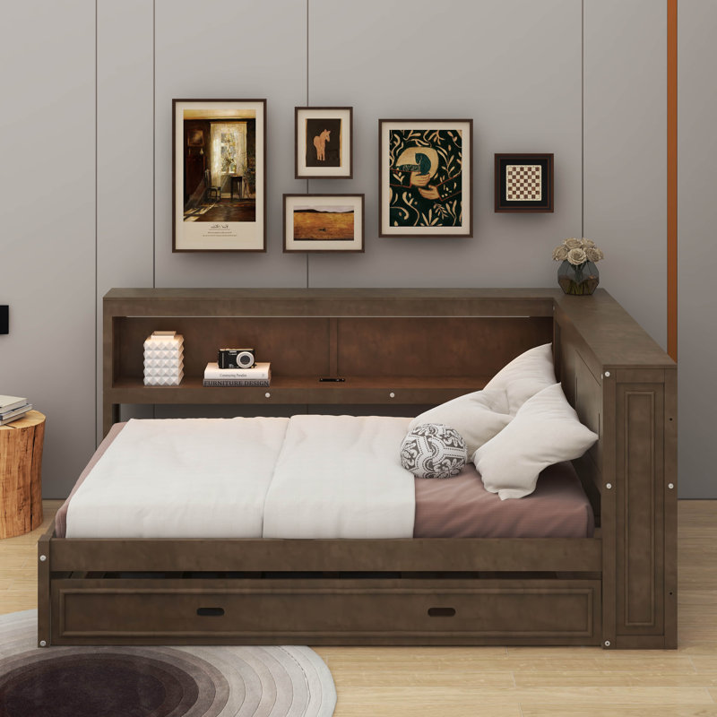 Lit de jour en bois pleine grandeur avec tablettes, DEL et lit gigogne, Bois antique