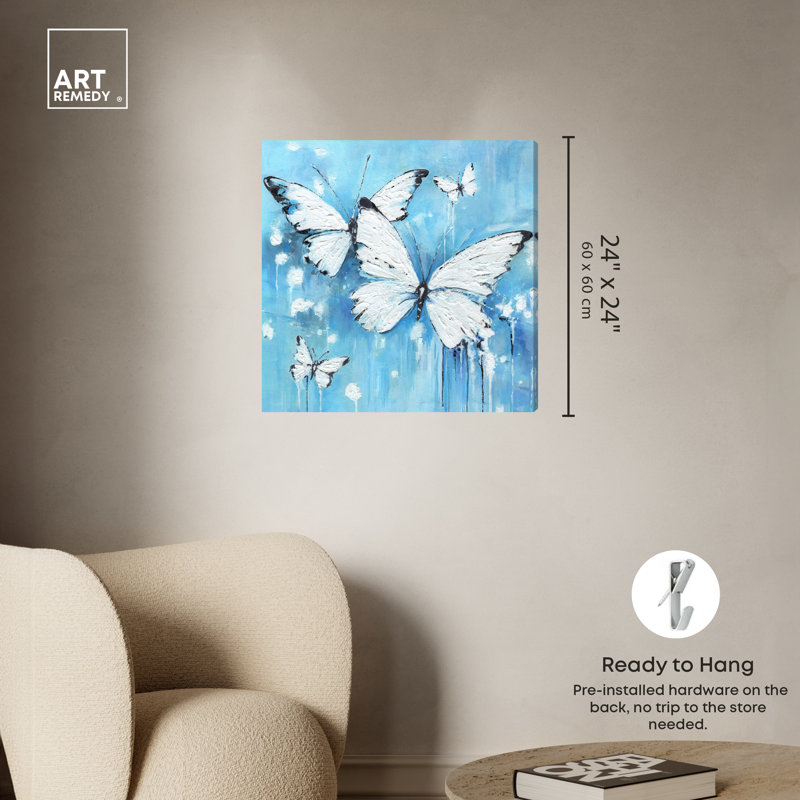 Textured White and Blue Butterfly Canvas Wall Art, 24" x 24"