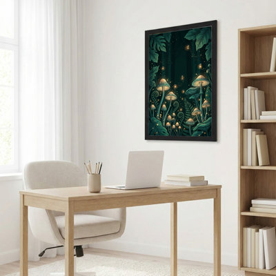 Art mural sur toile noir encadré pour le salon, la chambre à coucher, le bureau ou le vestibule - décoration murale décorative avec champignon forêt